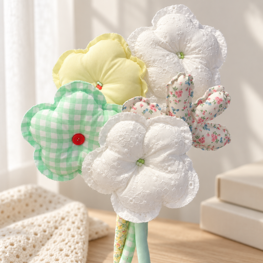 Garden Breakfast mint gingham, yellow and lace fabric bouquet — handwork detail