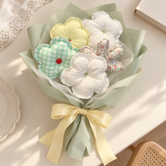 Garden Breakfast mint gingham, yellow and lace fabric bouquet — wrapped styling