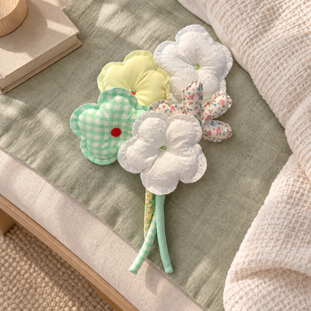 Garden Breakfast mint gingham, yellow and lace fabric bouquet — home display