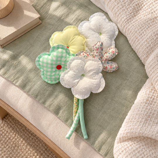 Garden Breakfast mint gingham, yellow and lace fabric bouquet — home display