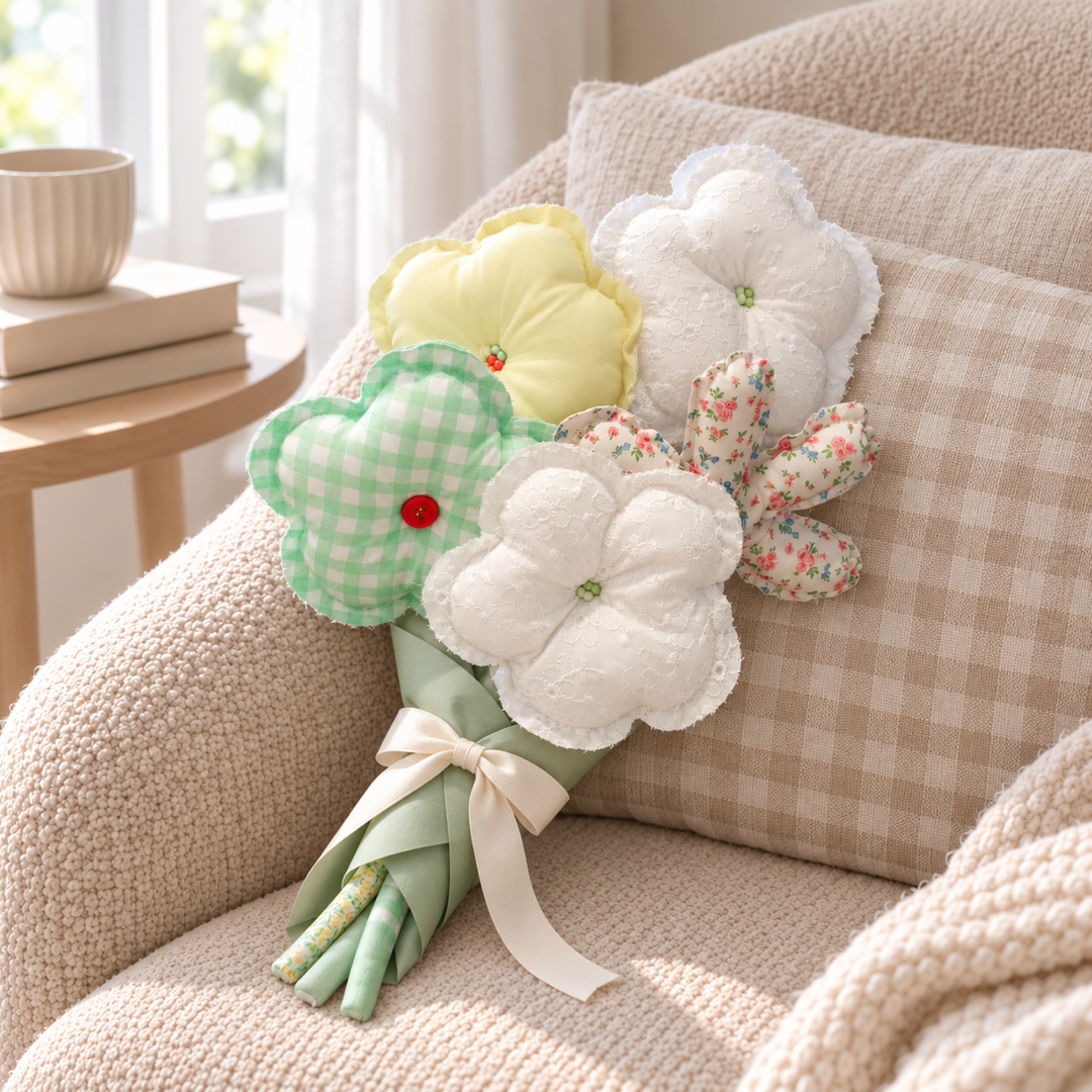 Garden Breakfast mint gingham, yellow and lace fabric bouquet — alternate home display