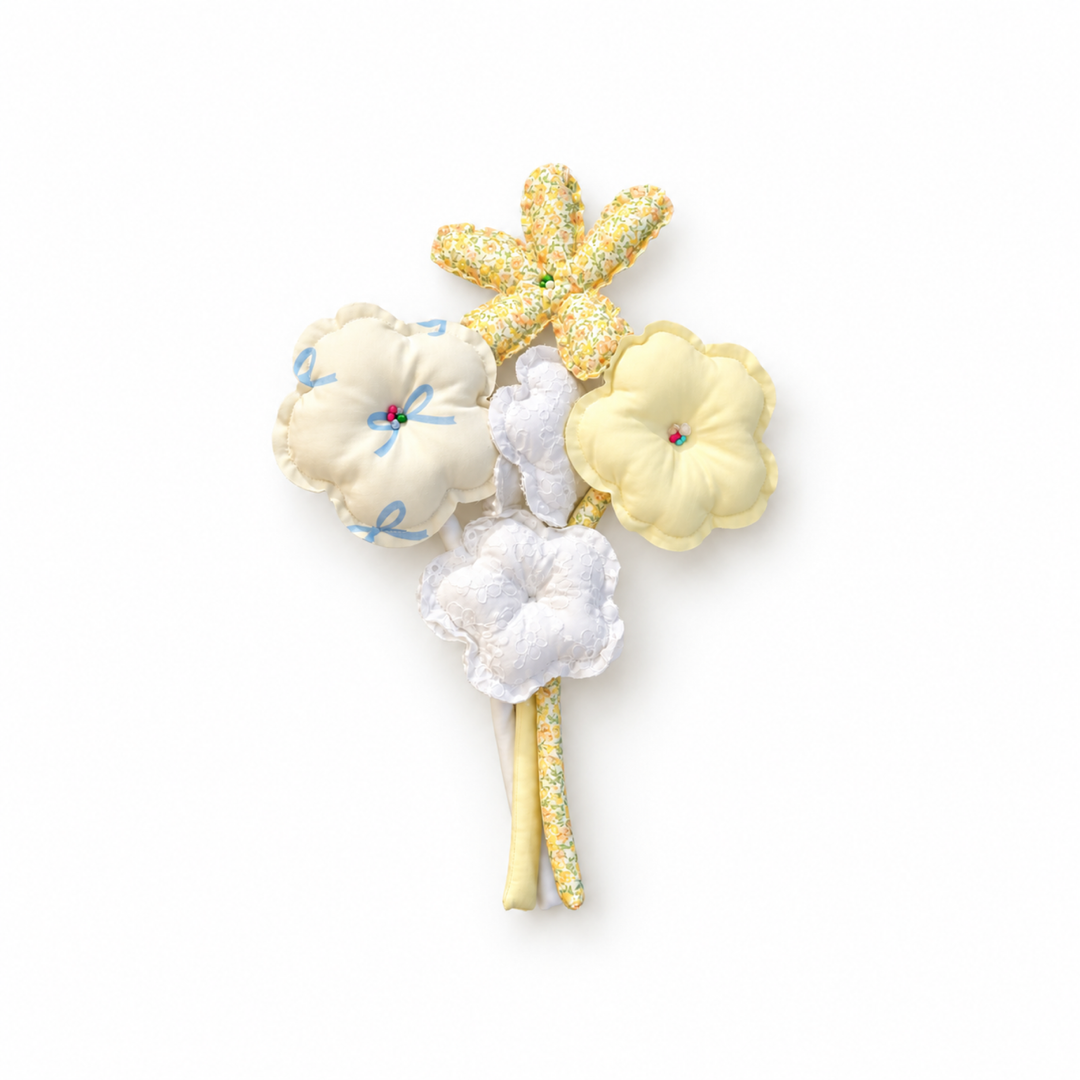 Lemon Sunday cream, pale yellow and blue bows fabric bouquet — front view