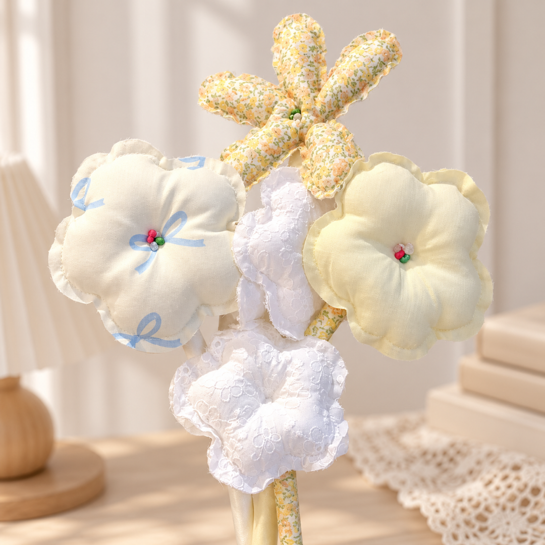 Lemon Sunday cream, pale yellow and blue bows fabric bouquet — handwork detail