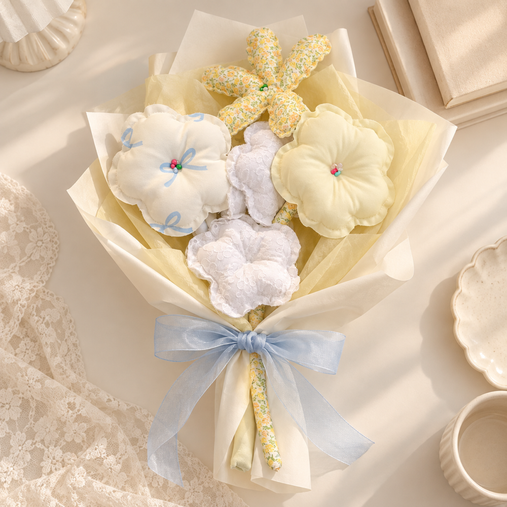 Lemon Sunday cream, pale yellow and blue bows fabric bouquet — wrapped styling
