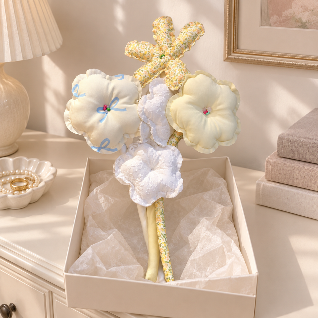 Lemon Sunday cream, pale yellow and blue bows fabric bouquet — alternate home display