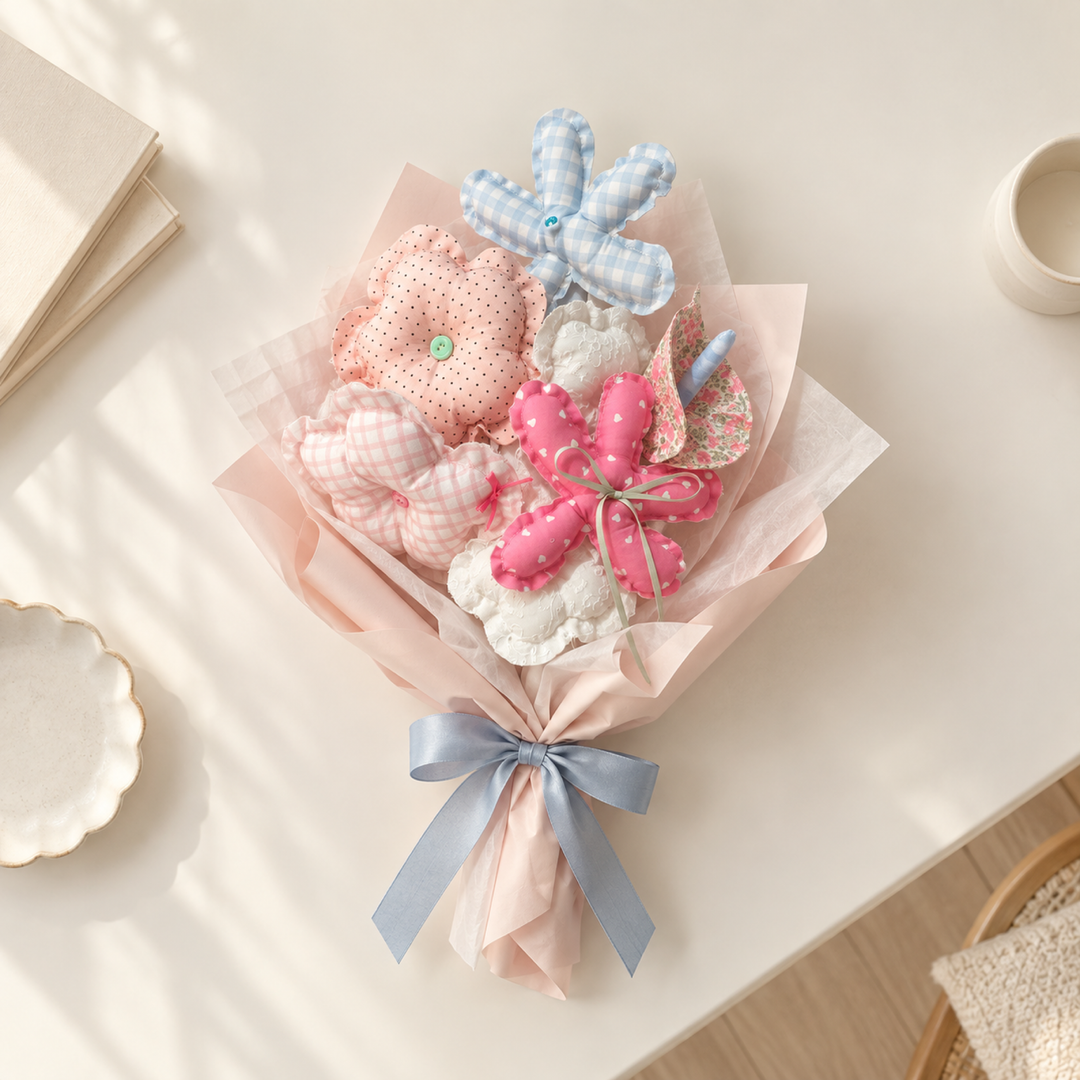 MiRANcle P08 handmade fabric bouquet — paper-wrapped styling