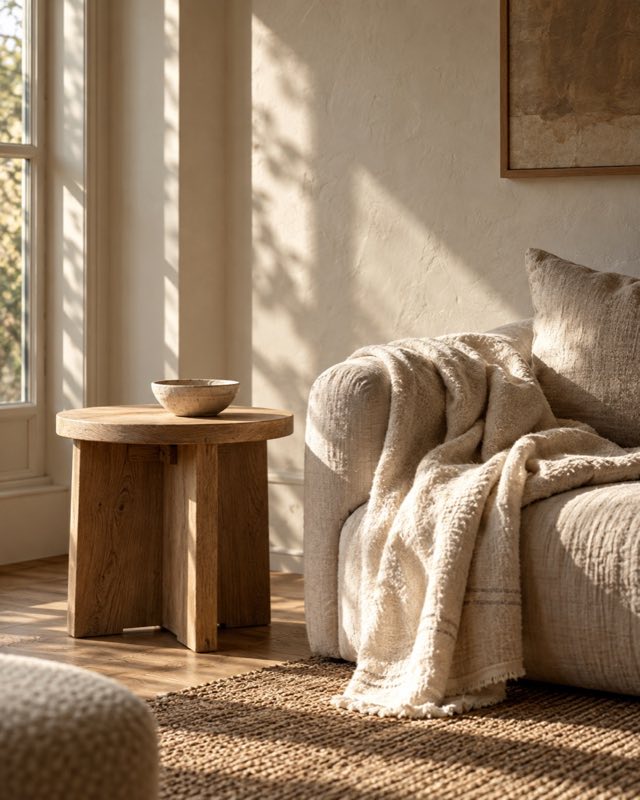 A quiet home corner with linen and natural wood